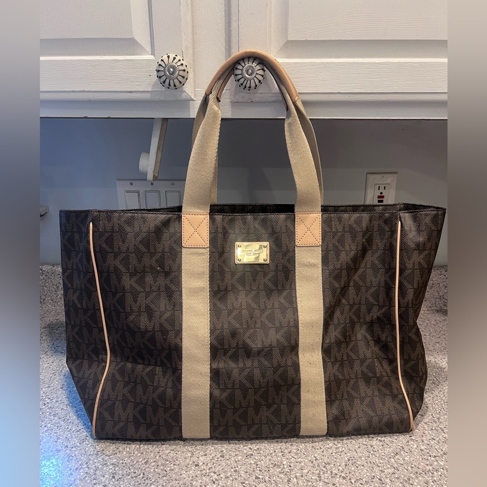 Michael Kors Brown MK Logo Jet Set Travel Satchel bag with Tan Trim